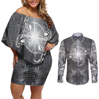 New Zealand Matariki Ururangi Couples Matching Off Shoulder Short Dress and Long Sleeve Button Shirt Maori Moko Grey Galaxy