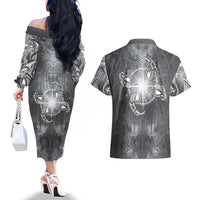 New Zealand Matariki Ururangi Couples Matching Off The Shoulder Long Sleeve Dress and Hawaiian Shirt Maori Moko Grey Galaxy
