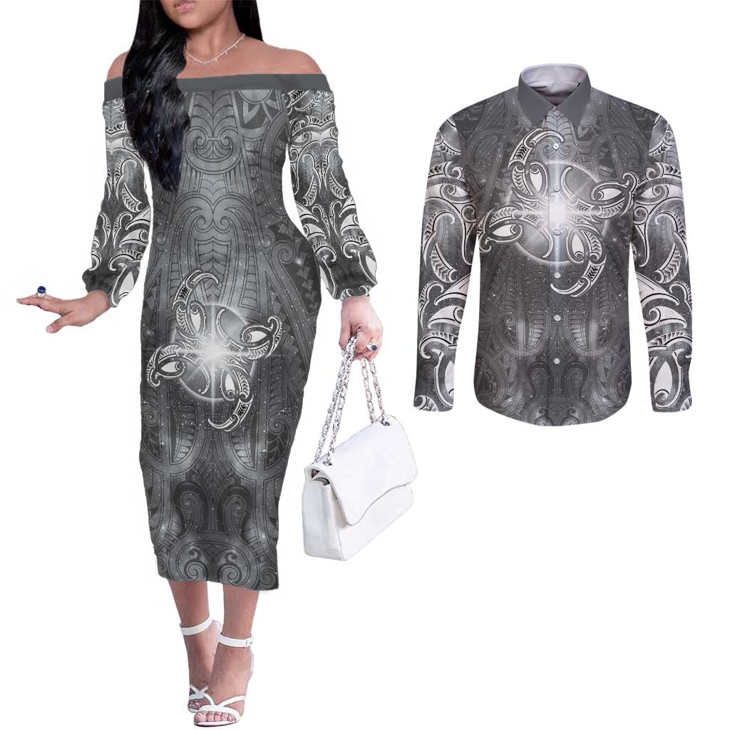 New Zealand Matariki Ururangi Couples Matching Off The Shoulder Long Sleeve Dress and Long Sleeve Button Shirt Maori Moko Grey Galaxy