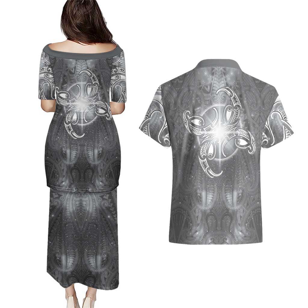 New Zealand Matariki Ururangi Couples Matching Puletasi and Hawaiian Shirt Maori Moko Grey Galaxy