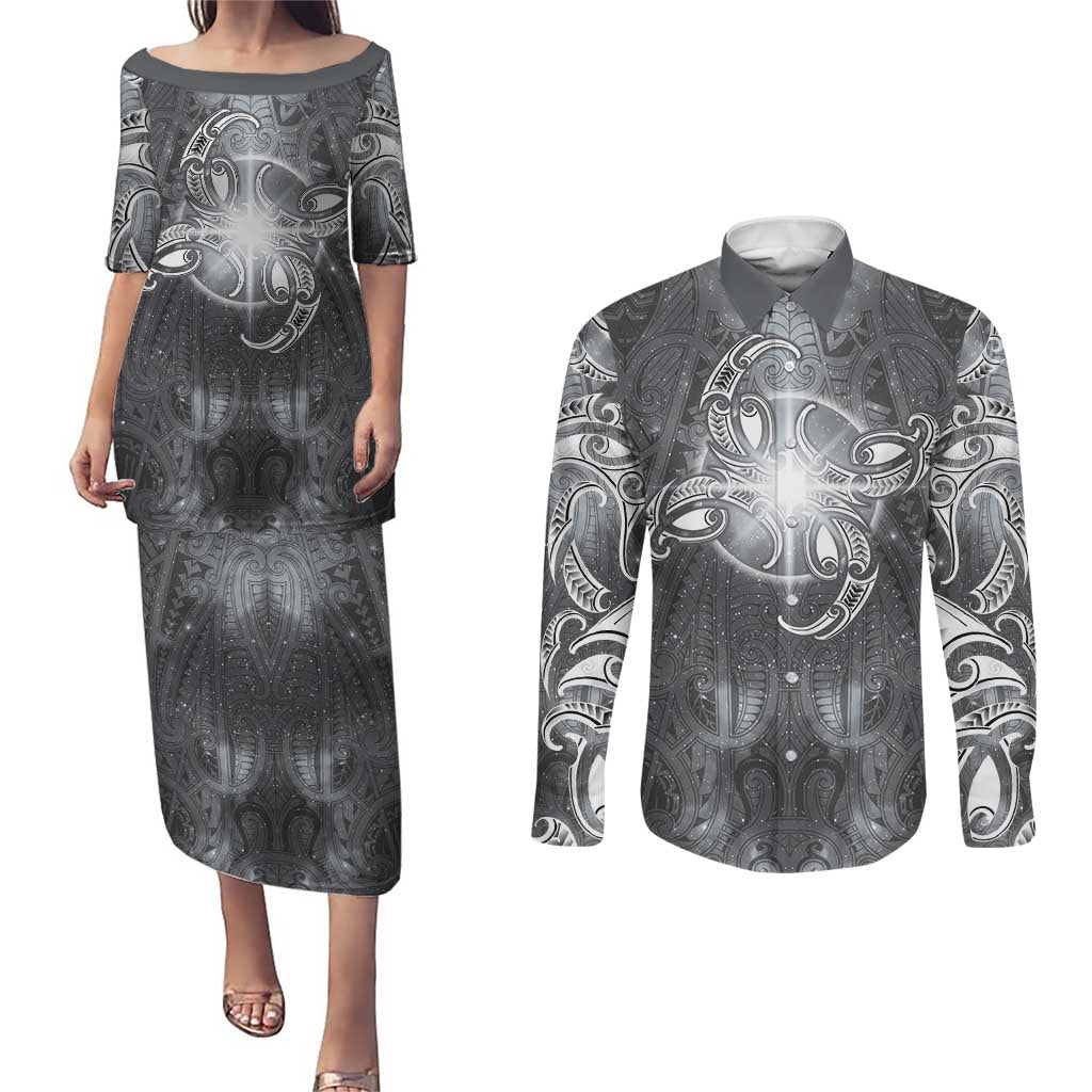 New Zealand Matariki Ururangi Couples Matching Puletasi and Long Sleeve Button Shirt Maori Moko Grey Galaxy