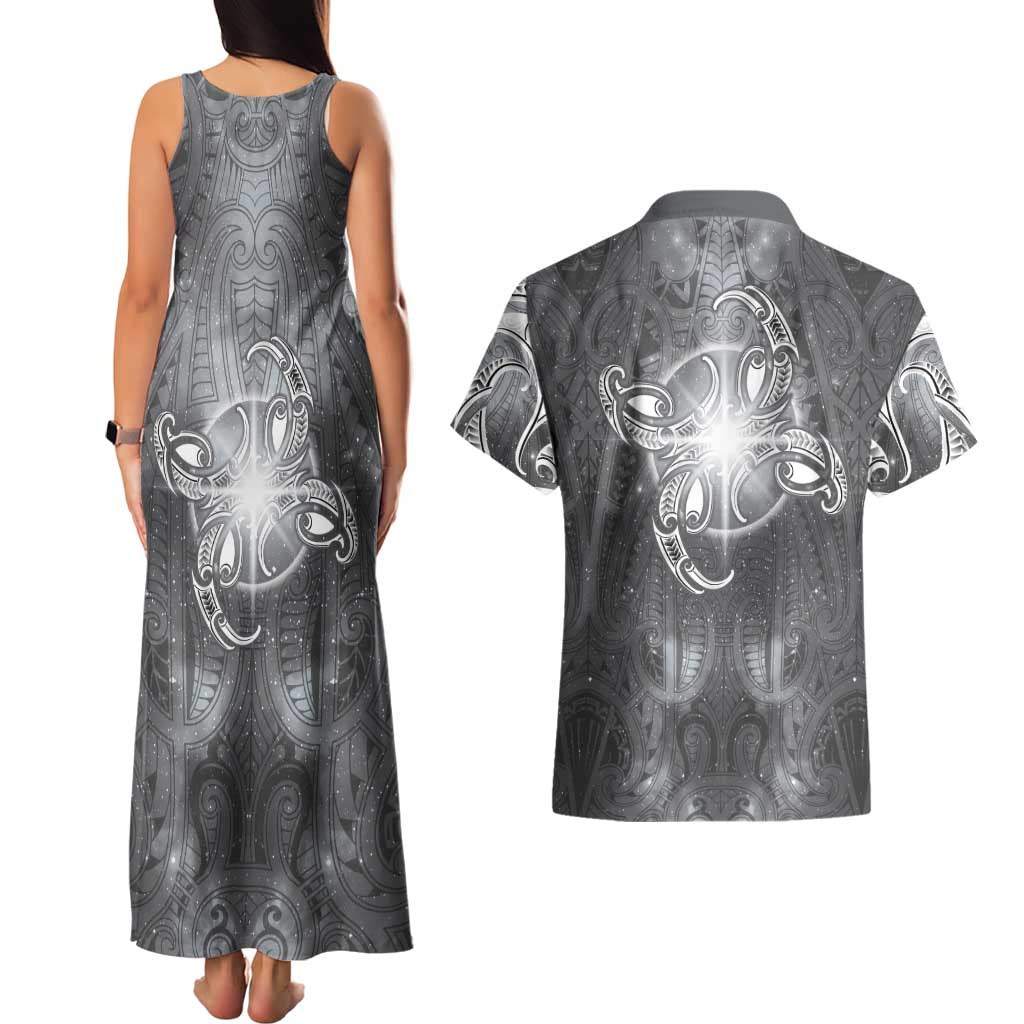 New Zealand Matariki Ururangi Couples Matching Tank Maxi Dress and Hawaiian Shirt Maori Moko Grey Galaxy
