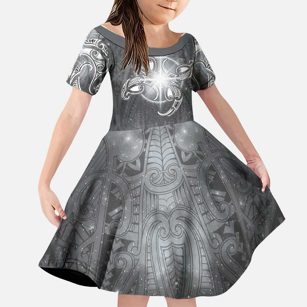 New Zealand Matariki Ururangi Family Matching Off The Shoulder Long Sleeve Dress and Hawaiian Shirt Maori Moko Grey Galaxy