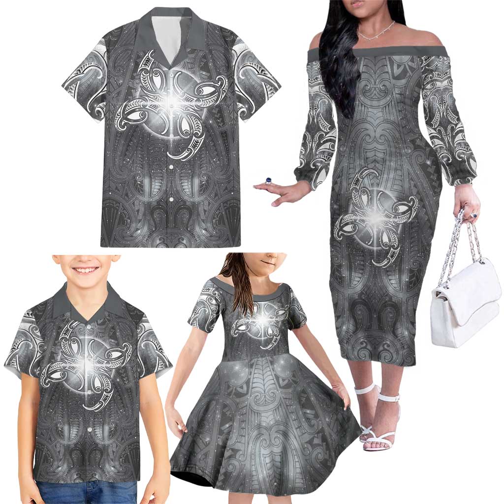 New Zealand Matariki Ururangi Family Matching Off The Shoulder Long Sleeve Dress and Hawaiian Shirt Maori Moko Grey Galaxy