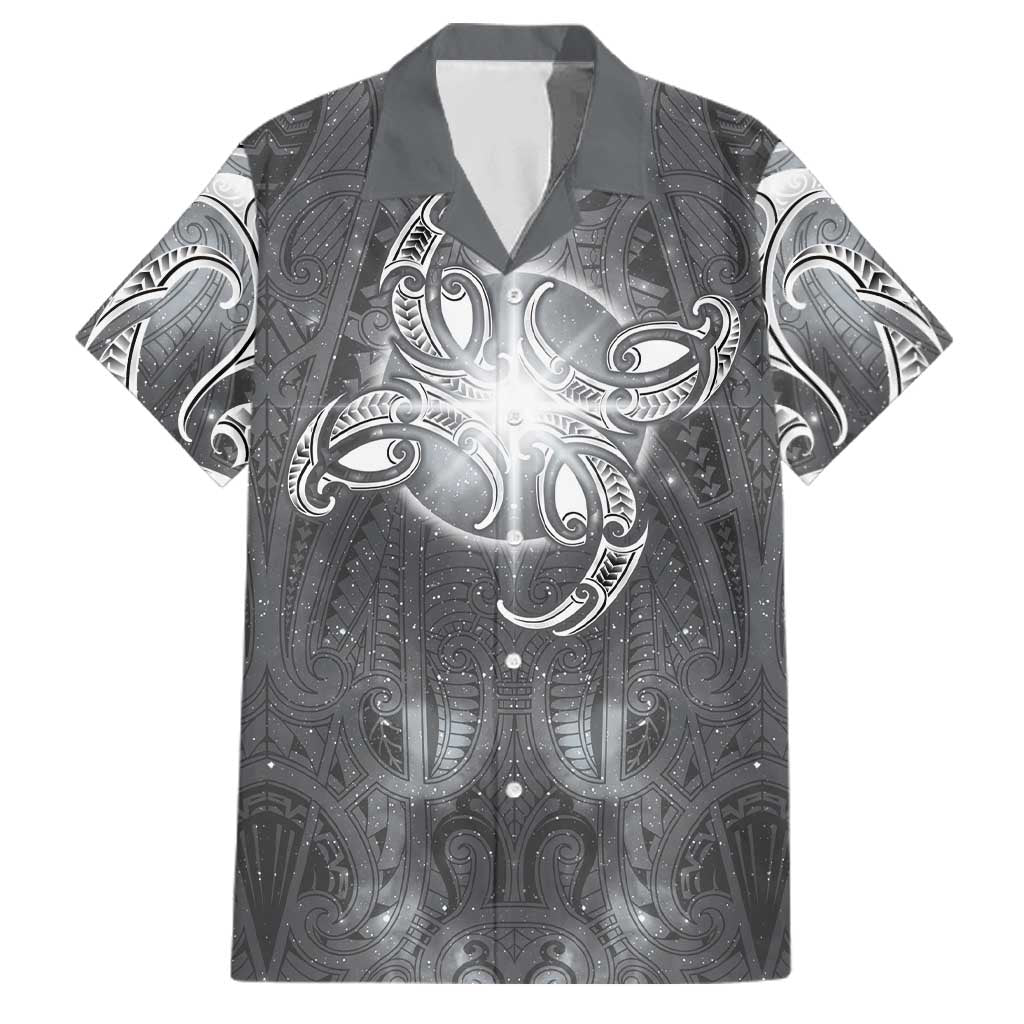 New Zealand Matariki Ururangi Family Matching Off The Shoulder Long Sleeve Dress and Hawaiian Shirt Maori Moko Grey Galaxy