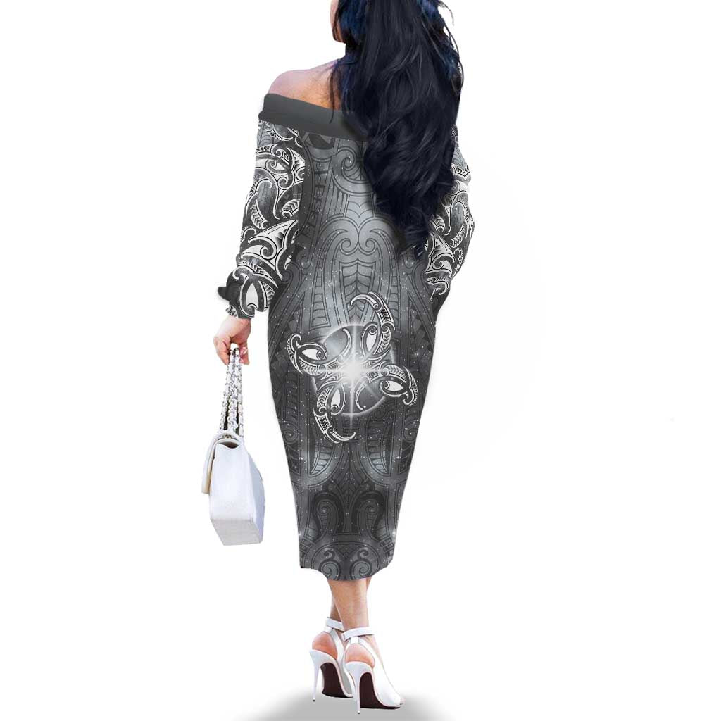 New Zealand Matariki Ururangi Family Matching Off The Shoulder Long Sleeve Dress and Hawaiian Shirt Maori Moko Grey Galaxy