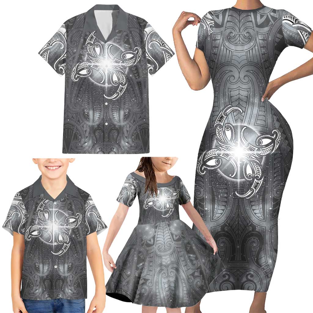New Zealand Matariki Ururangi Family Matching Short Sleeve Bodycon Dress and Hawaiian Shirt Maori Moko Grey Galaxy