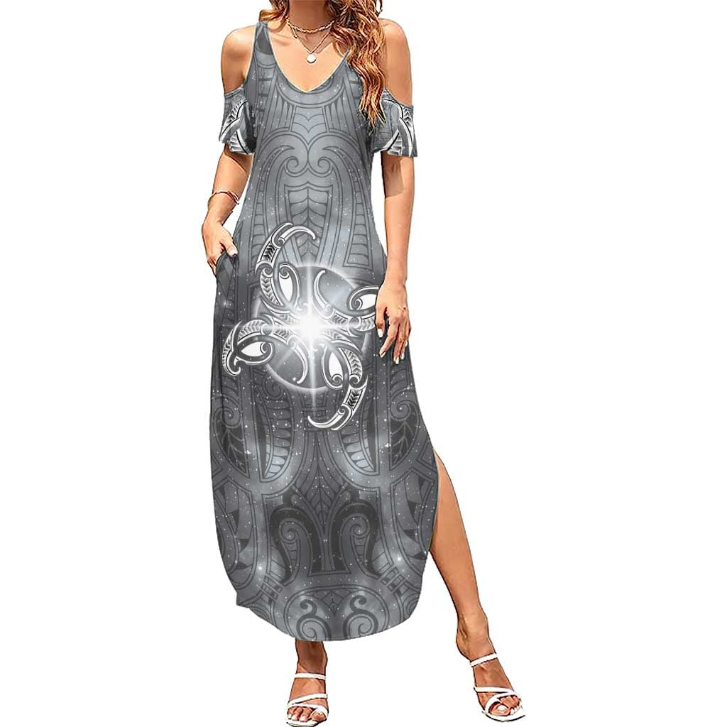 New Zealand Matariki Ururangi Family Matching Summer Maxi Dress and Hawaiian Shirt Maori Moko Grey Galaxy