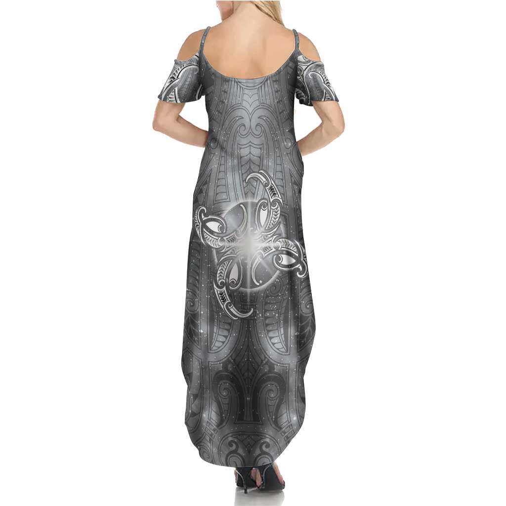 New Zealand Matariki Ururangi Family Matching Summer Maxi Dress and Hawaiian Shirt Maori Moko Grey Galaxy