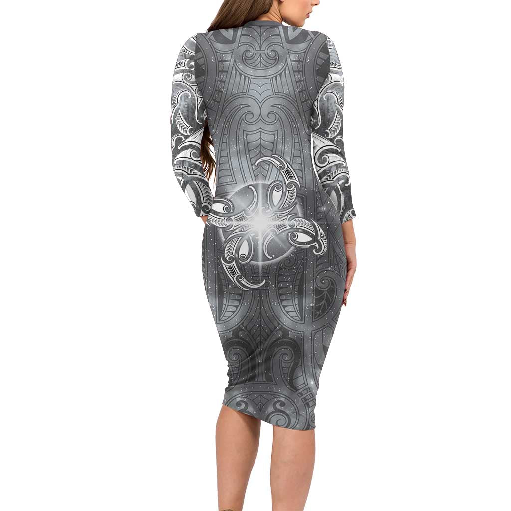 New Zealand Matariki Ururangi Long Sleeve Bodycon Dress Maori Moko Grey Galaxy