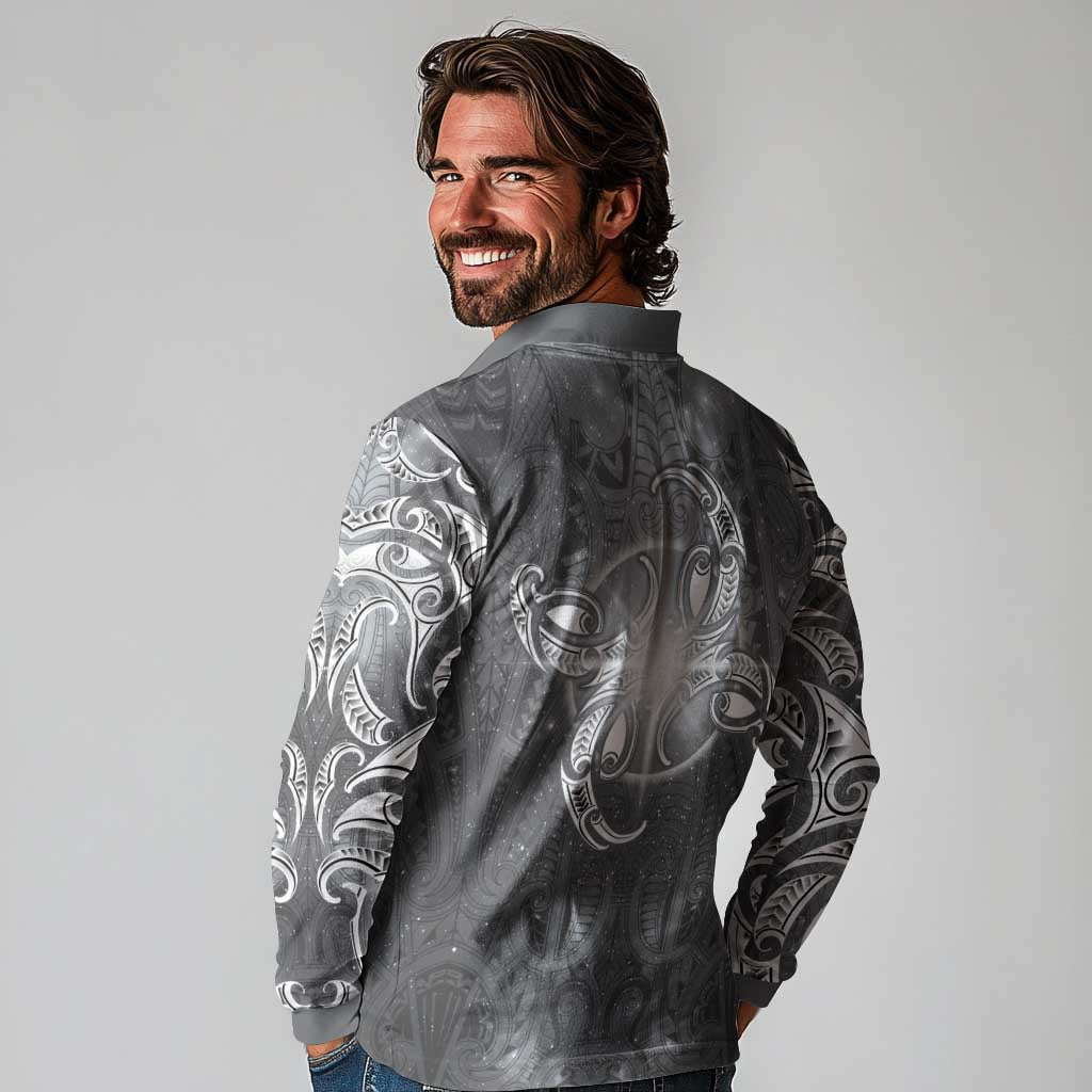 New Zealand Matariki Ururangi Long Sleeve Polo Shirt Maori Moko Grey Galaxy LT05 - Polynesian Pride