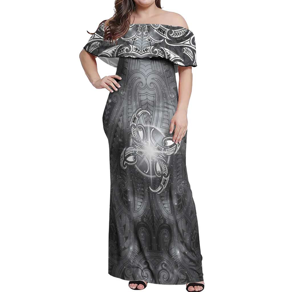 New Zealand Matariki Ururangi Off Shoulder Maxi Dress Maori Moko Grey Galaxy LT05 Women Grey - Polynesian Pride