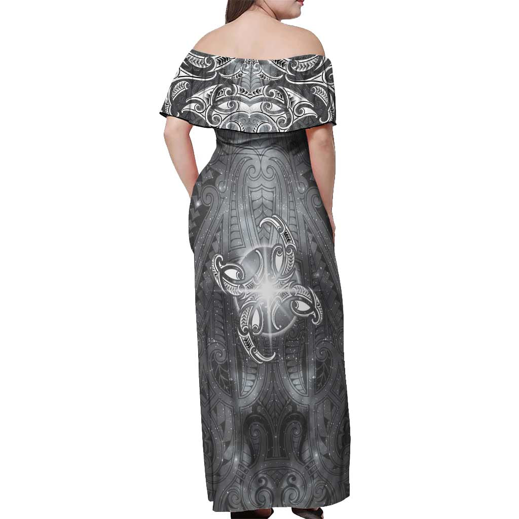 New Zealand Matariki Ururangi Off Shoulder Maxi Dress Maori Moko Grey Galaxy LT05 - Polynesian Pride