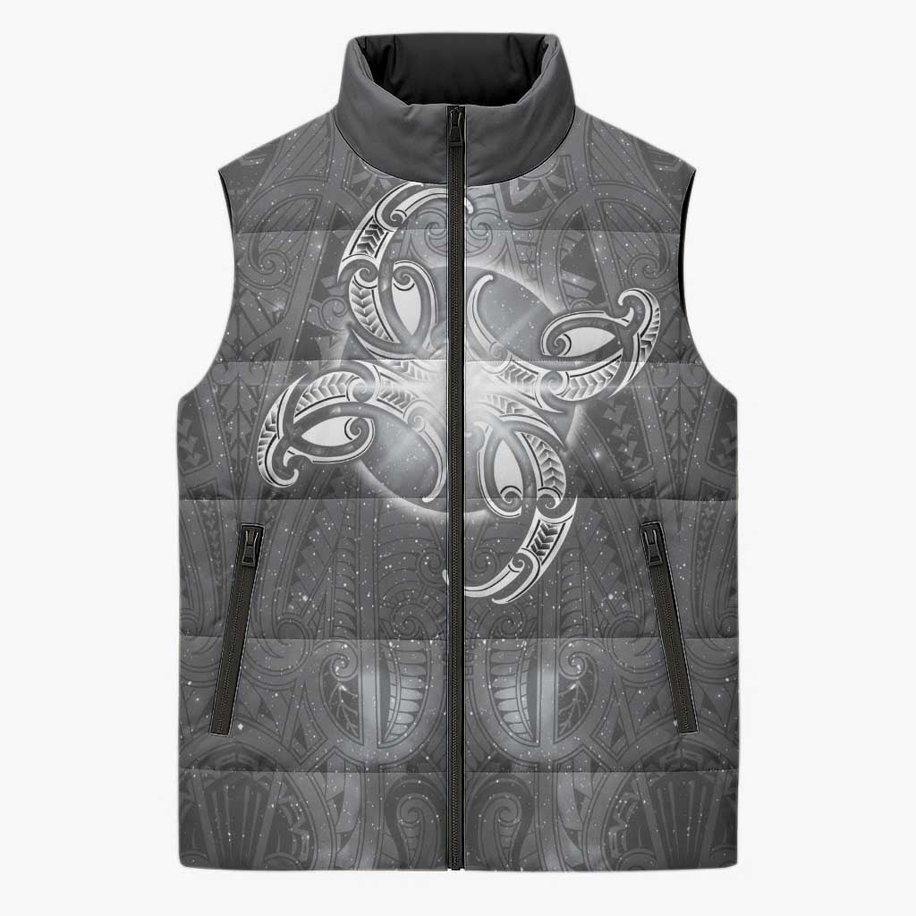 New Zealand Matariki Ururangi Sleeveless Puffer Jacket Maori Moko Grey Galaxy