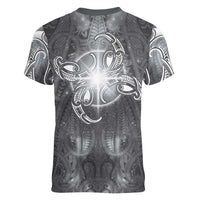 New Zealand Matariki Ururangi Women V-Neck T-Shirt Maori Moko Grey Galaxy