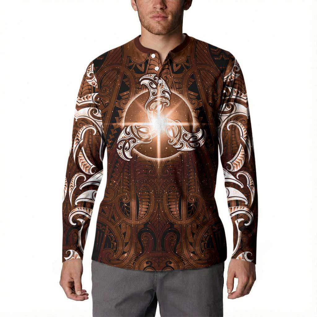 New Zealand Matariki Tupuanuku Button Sweatshirt Maori Moko Brown Galaxy
