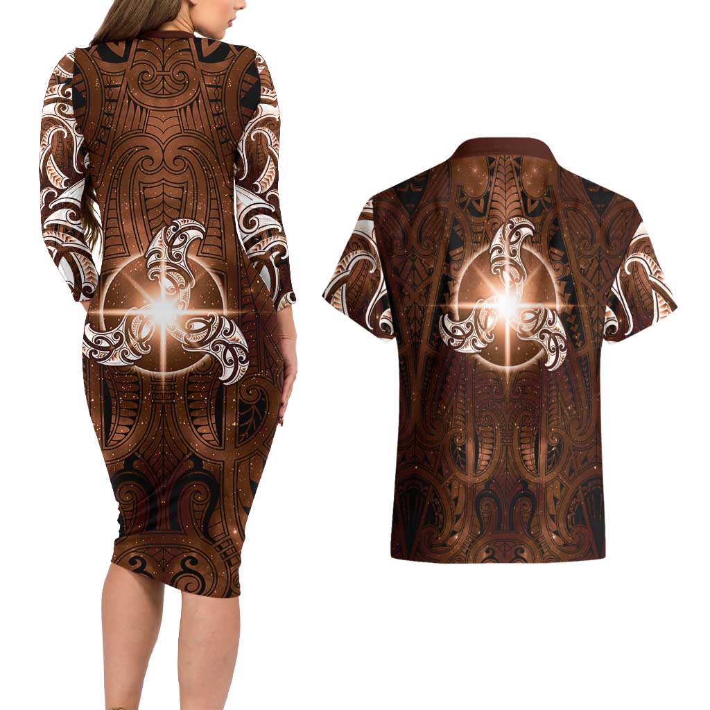 New Zealand Matariki Tupuanuku Couples Matching Long Sleeve Bodycon Dress and Hawaiian Shirt Maori Moko Brown Galaxy