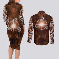 New Zealand Matariki Tupuanuku Couples Matching Long Sleeve Bodycon Dress and Long Sleeve Button Shirt Maori Moko Brown Galaxy