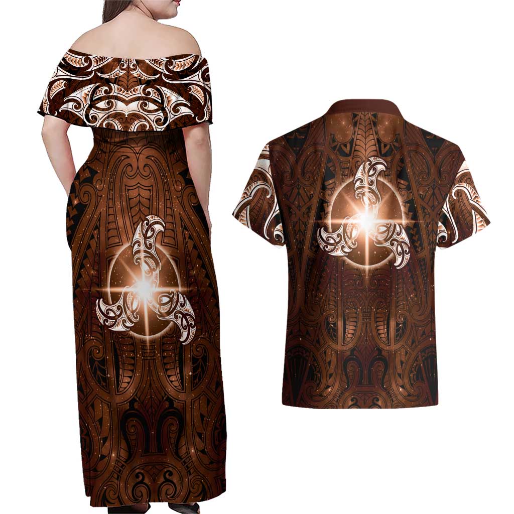 New Zealand Matariki Tupuanuku Couples Matching Off Shoulder Maxi Dress and Hawaiian Shirt Maori Moko Brown Galaxy