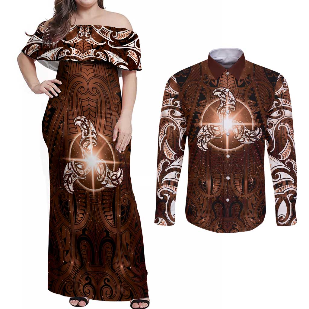 New Zealand Matariki Tupuanuku Couples Matching Off Shoulder Maxi Dress and Long Sleeve Button Shirt Maori Moko Brown Galaxy