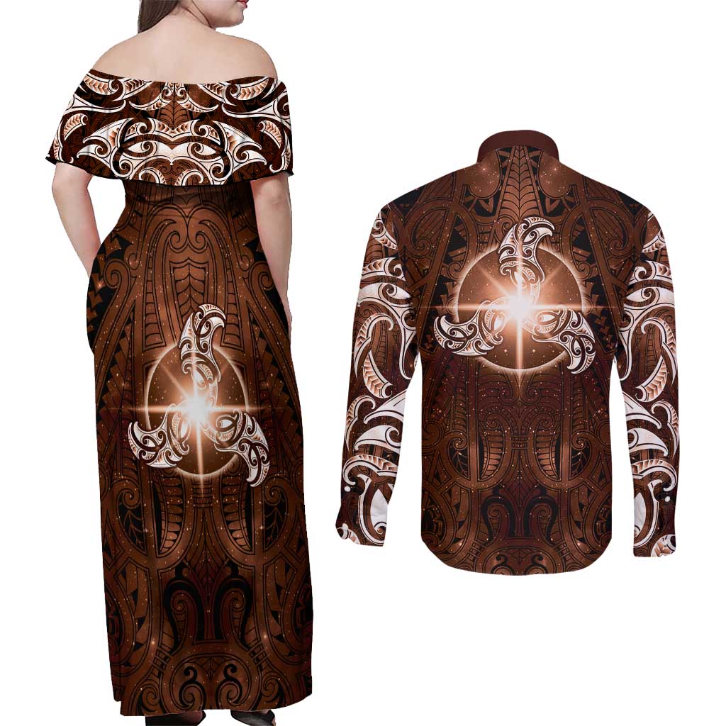 New Zealand Matariki Tupuanuku Couples Matching Off Shoulder Maxi Dress and Long Sleeve Button Shirt Maori Moko Brown Galaxy