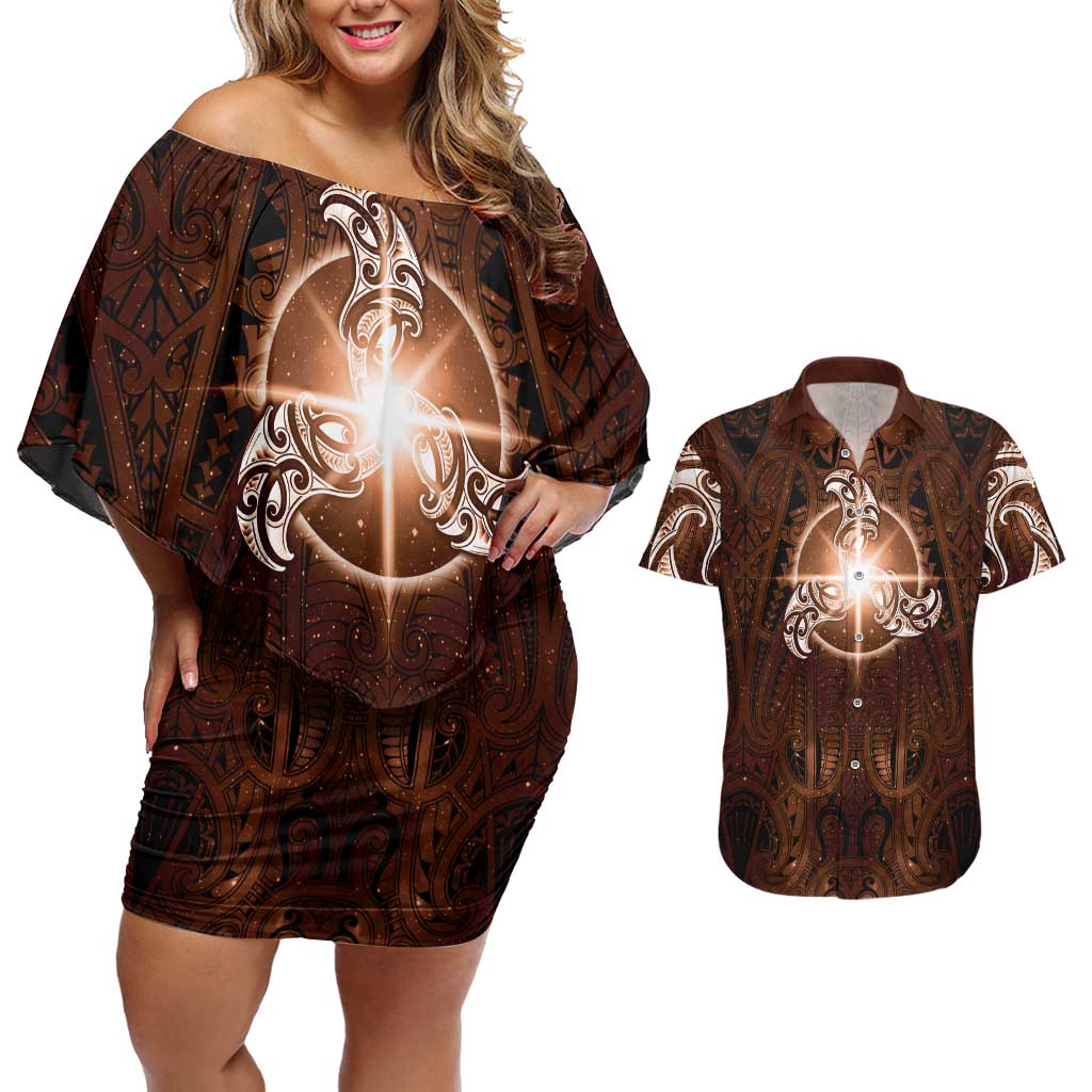 New Zealand Matariki Tupuanuku Couples Matching Off Shoulder Short Dress and Hawaiian Shirt Maori Moko Brown Galaxy