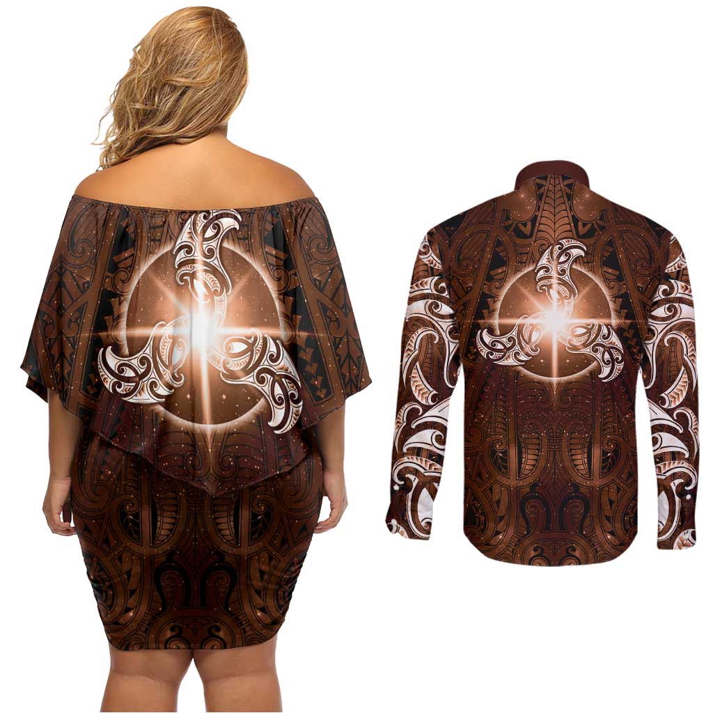 New Zealand Matariki Tupuanuku Couples Matching Off Shoulder Short Dress and Long Sleeve Button Shirt Maori Moko Brown Galaxy