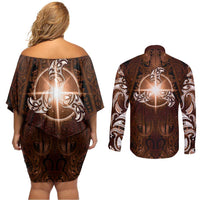 New Zealand Matariki Tupuanuku Couples Matching Off Shoulder Short Dress and Long Sleeve Button Shirt Maori Moko Brown Galaxy