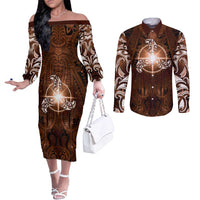 New Zealand Matariki Tupuanuku Couples Matching Off The Shoulder Long Sleeve Dress and Long Sleeve Button Shirt Maori Moko Brown Galaxy