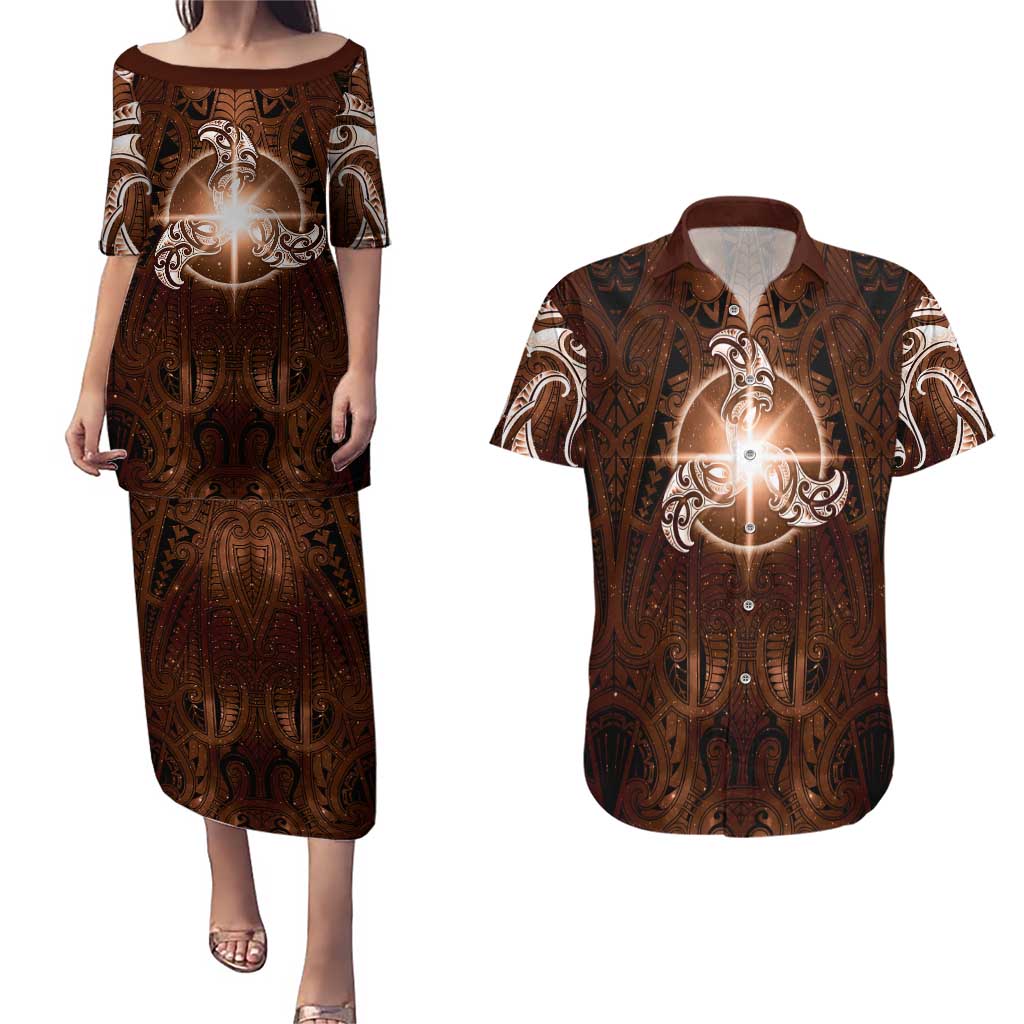 New Zealand Matariki Tupuanuku Couples Matching Puletasi and Hawaiian Shirt Maori Moko Brown Galaxy