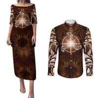 New Zealand Matariki Tupuanuku Couples Matching Puletasi and Long Sleeve Button Shirt Maori Moko Brown Galaxy