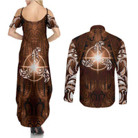 New Zealand Matariki Tupuanuku Couples Matching Summer Maxi Dress and Long Sleeve Button Shirt Maori Moko Brown Galaxy