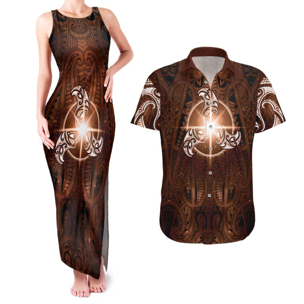 New Zealand Matariki Tupuanuku Couples Matching Tank Maxi Dress and Hawaiian Shirt Maori Moko Brown Galaxy