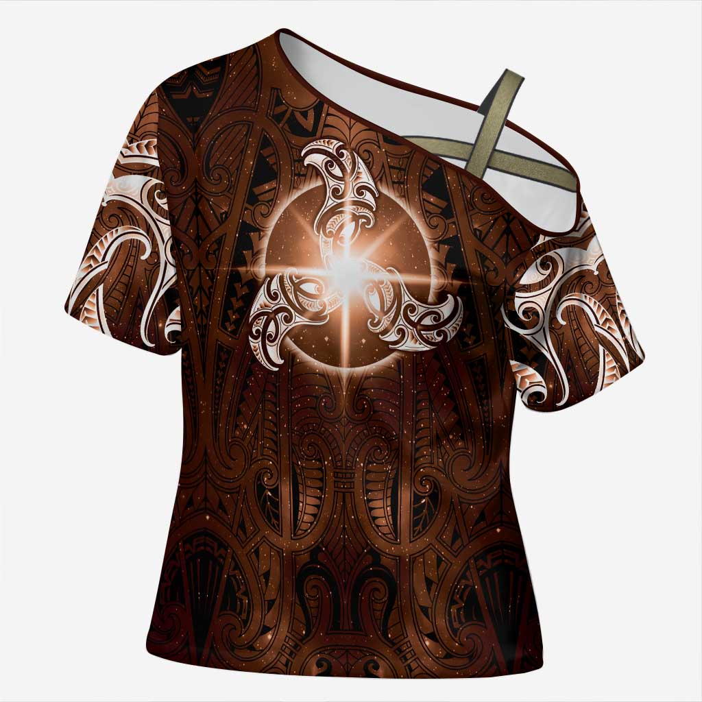 New Zealand Matariki Tupuanuku Cross Shoulder Shirt Maori Moko Brown Galaxy