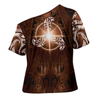 New Zealand Matariki Tupuanuku Cross Shoulder Shirt Maori Moko Brown Galaxy