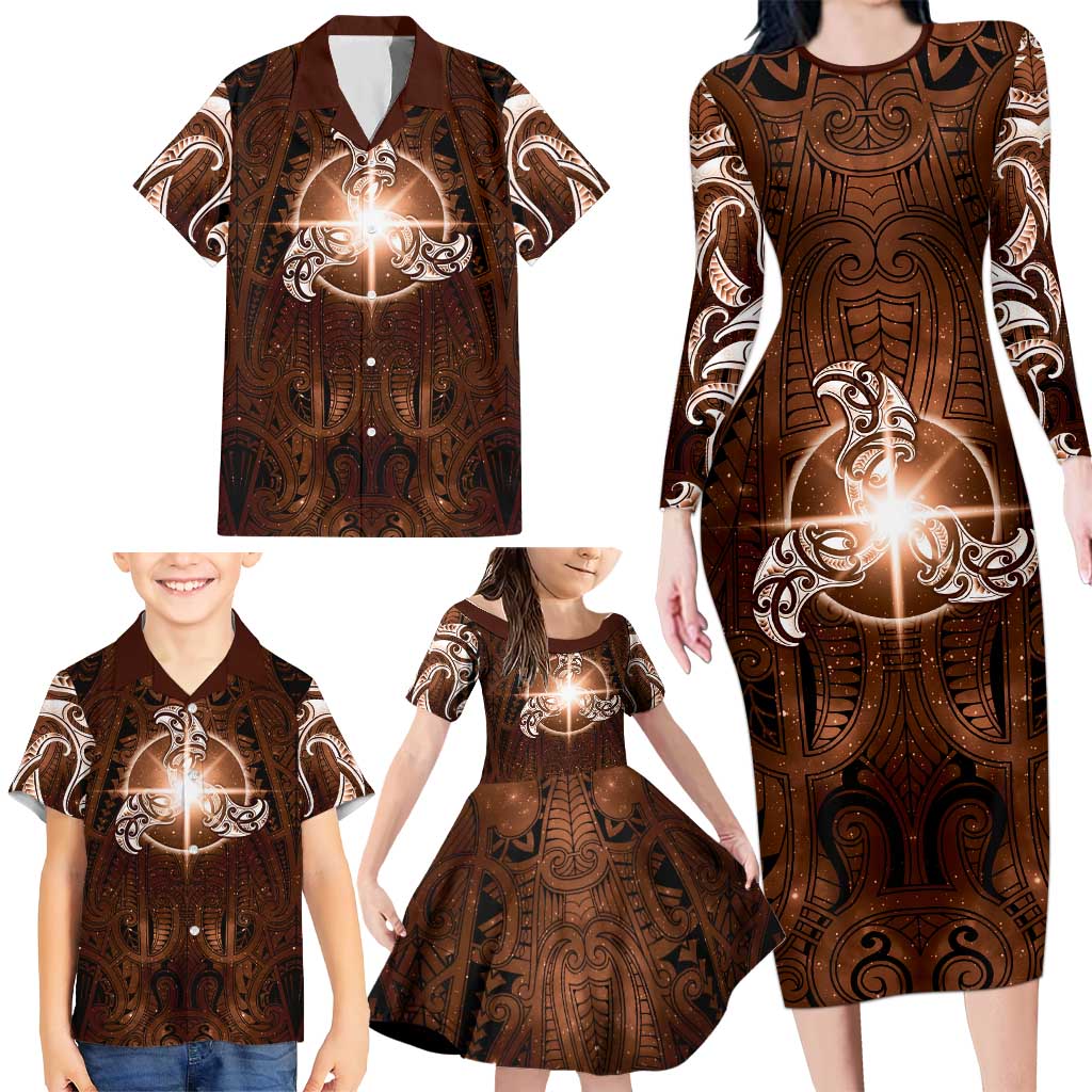New Zealand Matariki Tupuanuku Family Matching Long Sleeve Bodycon Dress and Hawaiian Shirt Maori Moko Brown Galaxy LT05 - Polynesian Pride
