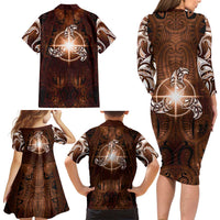 New Zealand Matariki Tupuanuku Family Matching Long Sleeve Bodycon Dress and Hawaiian Shirt Maori Moko Brown Galaxy LT05 - Polynesian Pride