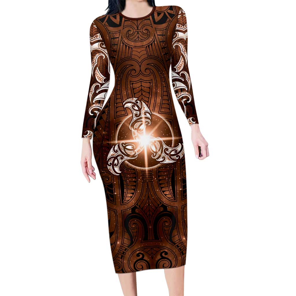 New Zealand Matariki Tupuanuku Family Matching Long Sleeve Bodycon Dress and Hawaiian Shirt Maori Moko Brown Galaxy LT05 Mom's Dress Brown - Polynesian Pride