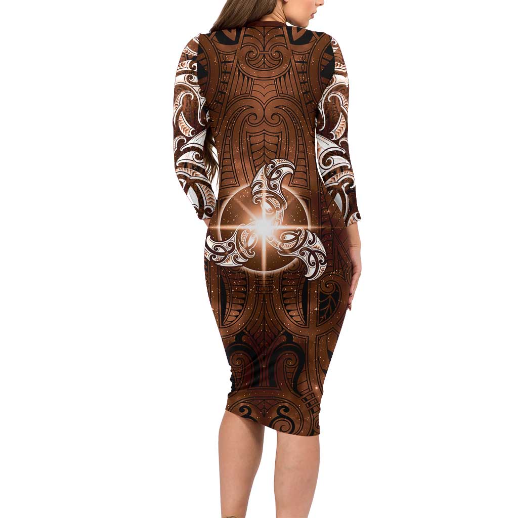 New Zealand Matariki Tupuanuku Family Matching Long Sleeve Bodycon Dress and Hawaiian Shirt Maori Moko Brown Galaxy LT05 - Polynesian Pride
