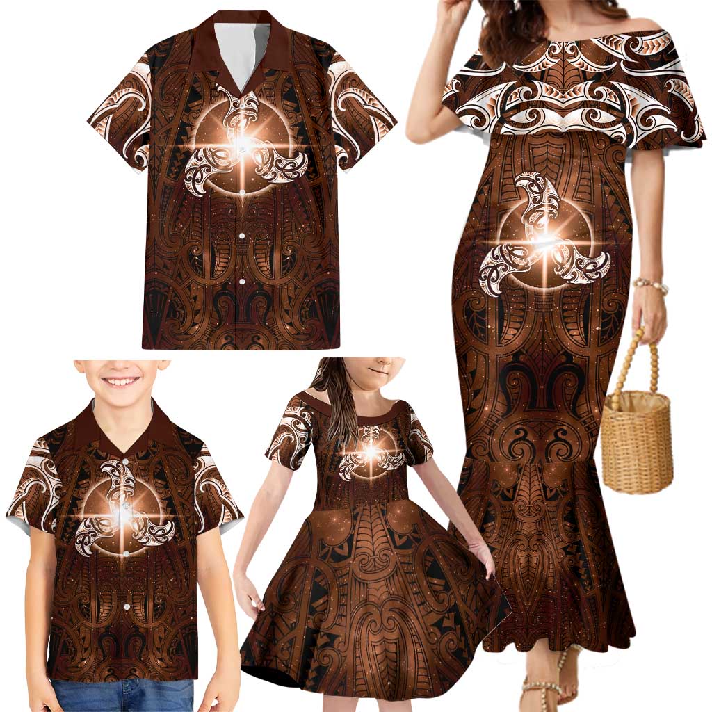 New Zealand Matariki Tupuanuku Family Matching Mermaid Dress and Hawaiian Shirt Maori Moko Brown Galaxy