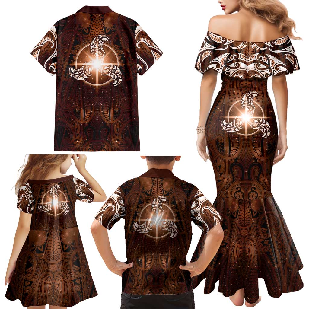 New Zealand Matariki Tupuanuku Family Matching Mermaid Dress and Hawaiian Shirt Maori Moko Brown Galaxy
