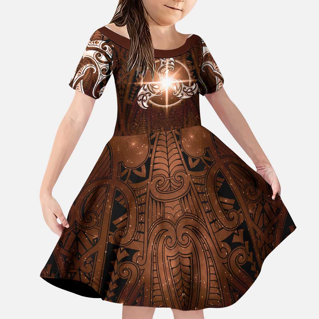 New Zealand Matariki Tupuanuku Family Matching Off The Shoulder Long Sleeve Dress and Hawaiian Shirt Maori Moko Brown Galaxy LT05 Daughter's Dress Brown - Polynesian Pride