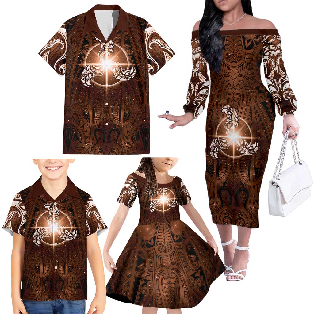 New Zealand Matariki Tupuanuku Family Matching Off The Shoulder Long Sleeve Dress and Hawaiian Shirt Maori Moko Brown Galaxy LT05 - Polynesian Pride