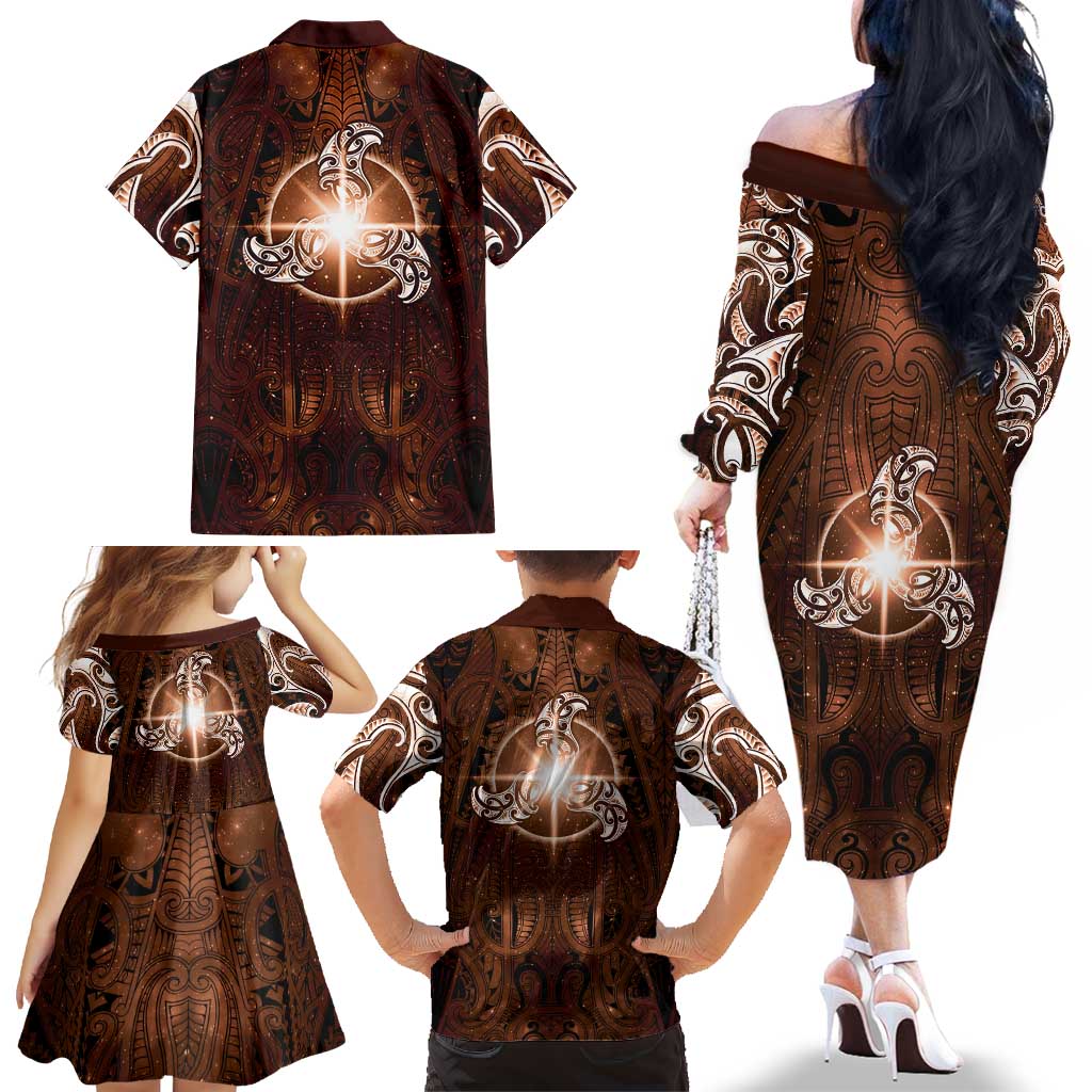 New Zealand Matariki Tupuanuku Family Matching Off The Shoulder Long Sleeve Dress and Hawaiian Shirt Maori Moko Brown Galaxy LT05 - Polynesian Pride