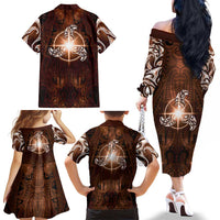 New Zealand Matariki Tupuanuku Family Matching Off The Shoulder Long Sleeve Dress and Hawaiian Shirt Maori Moko Brown Galaxy LT05 - Polynesian Pride