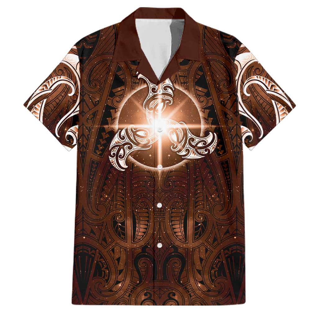 New Zealand Matariki Tupuanuku Family Matching Off The Shoulder Long Sleeve Dress and Hawaiian Shirt Maori Moko Brown Galaxy LT05 Dad's Shirt - Short Sleeve Brown - Polynesian Pride