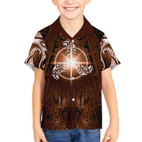 New Zealand Matariki Tupuanuku Family Matching Off The Shoulder Long Sleeve Dress and Hawaiian Shirt Maori Moko Brown Galaxy LT05 Son's Shirt Brown - Polynesian Pride