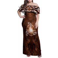 New Zealand Matariki Tupuanuku Family Matching Off Shoulder Maxi Dress and Hawaiian Shirt Maori Moko Brown Galaxy