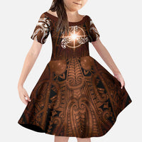 New Zealand Matariki Tupuanuku Family Matching Off Shoulder Short Dress and Hawaiian Shirt Maori Moko Brown Galaxy LT05 Daughter's Dress Brown - Polynesian Pride