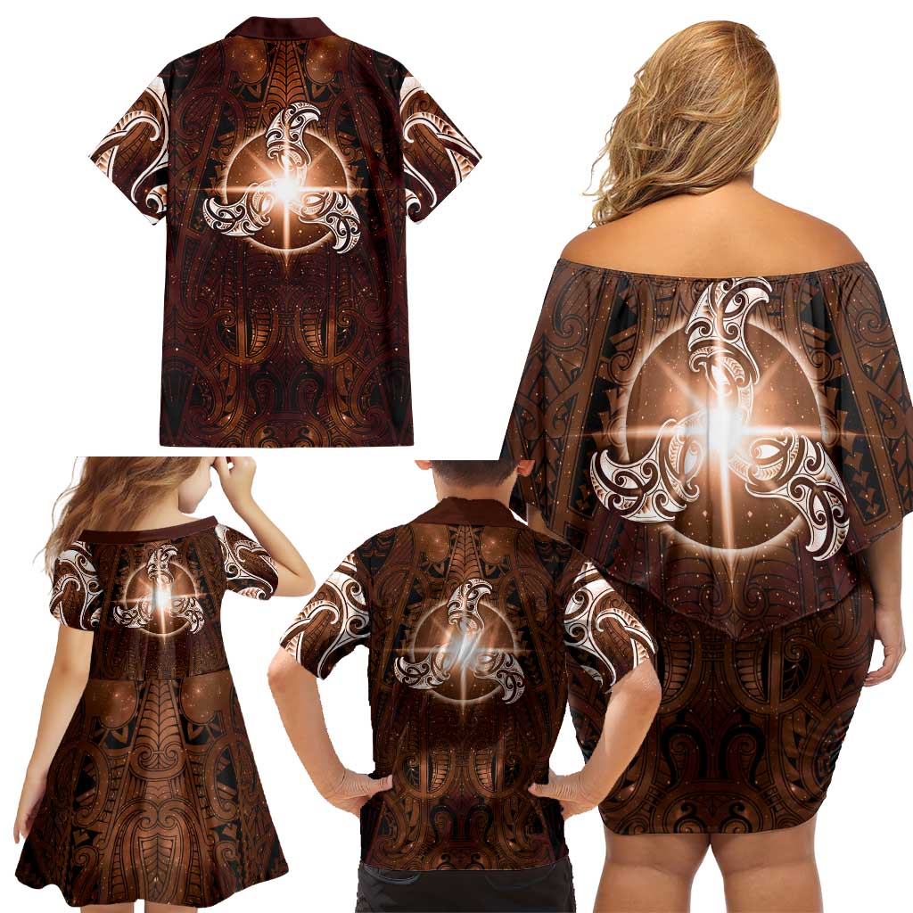New Zealand Matariki Tupuanuku Family Matching Off Shoulder Short Dress and Hawaiian Shirt Maori Moko Brown Galaxy LT05 - Polynesian Pride